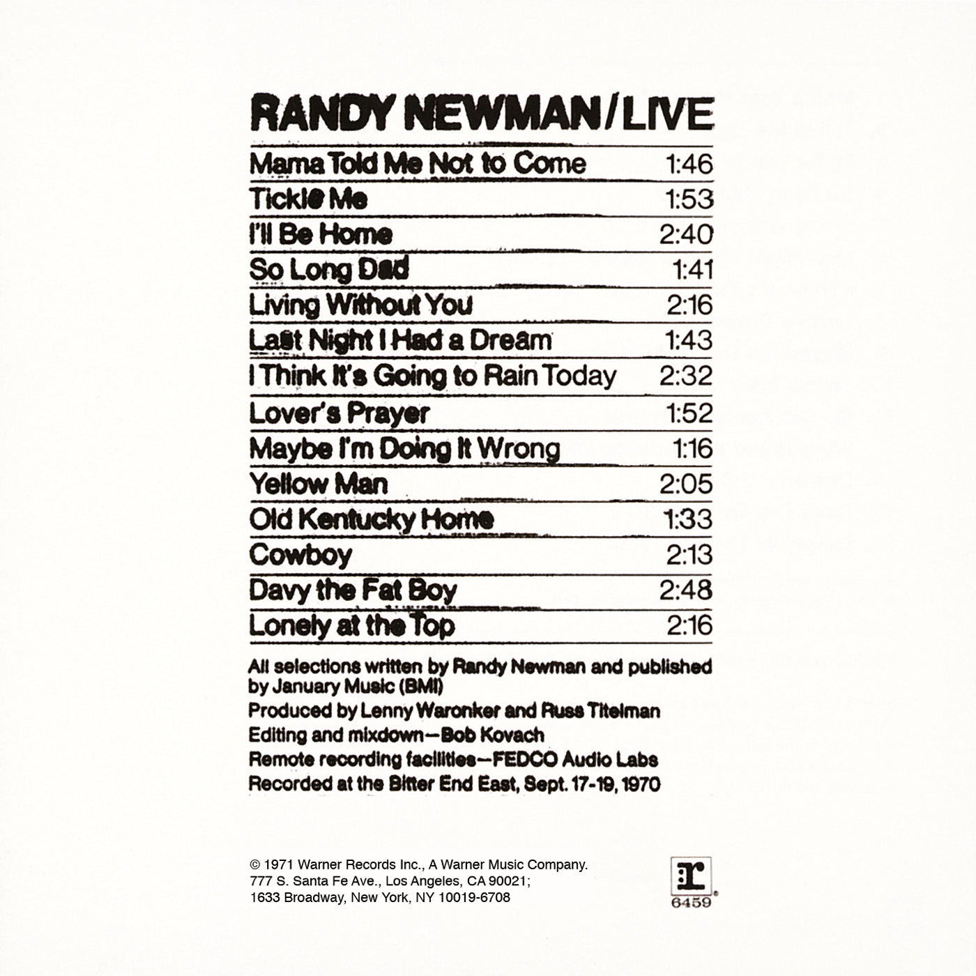 Randy Newman - Live - VINTAGE vinyl record for sale