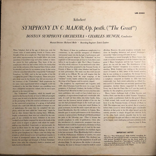 Schubert - Boston Symphony Orchestra, Charles Munch - Symphony In C Major "The Great" - LP 2