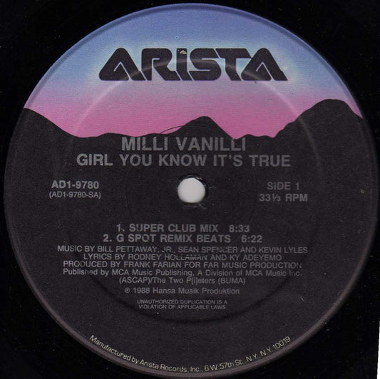 Milli Vanilli - Girl You Know It's True - 12" 2