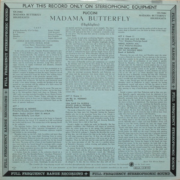 Giacomo Puccini, Renata Tebaldi As Butterfly Carlo Bergonzi ; Tullio Serafin - Madama Butterfly Highlights - LP 2