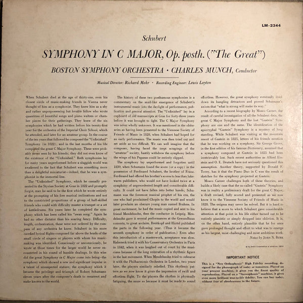 Schubert - Boston Symphony Orchestra, Charles Munch - Symphony In C Major "The Great" - LP 2
