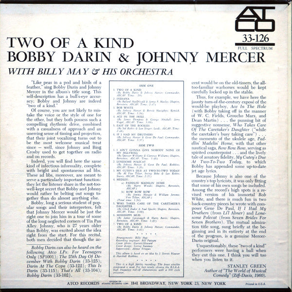 Bobby Darin & Johnny Mercer With Billy May And His Orchestra - Two Of A Kind - LP 2