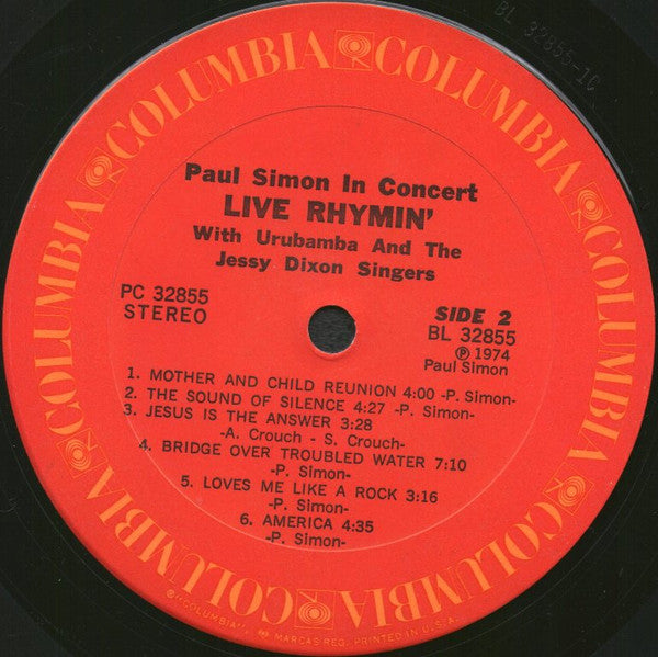 Paul Simon With Urubamba And The Jessy Dixon Singers - Paul Simon In Concert Live Rhymin' - LP 4