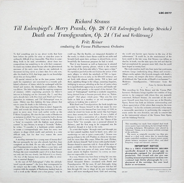 Richard Strauss, Fritz Reiner, Vienna Philharmonic Orchestra - Till Eulenspiegel / Death And Transfiguration - LP 2