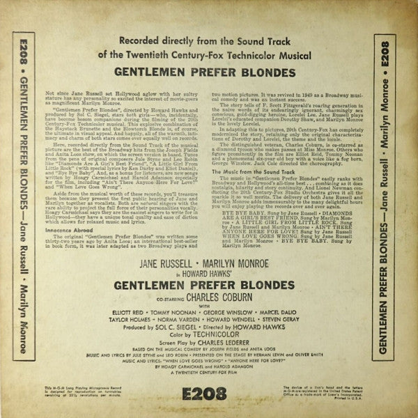 Jane Russell And Marilyn Monroe - Gentlemen Prefer Blondes (Recorded Directly From The Sound Track Of The 20th Century-Fox Technicolor Musical) - LP 2